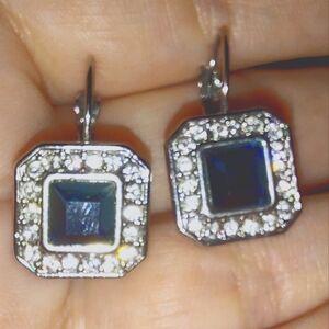 Navy Blue Square Gemstone Earrings with Diamond Halo Nwot Smoke Free Home